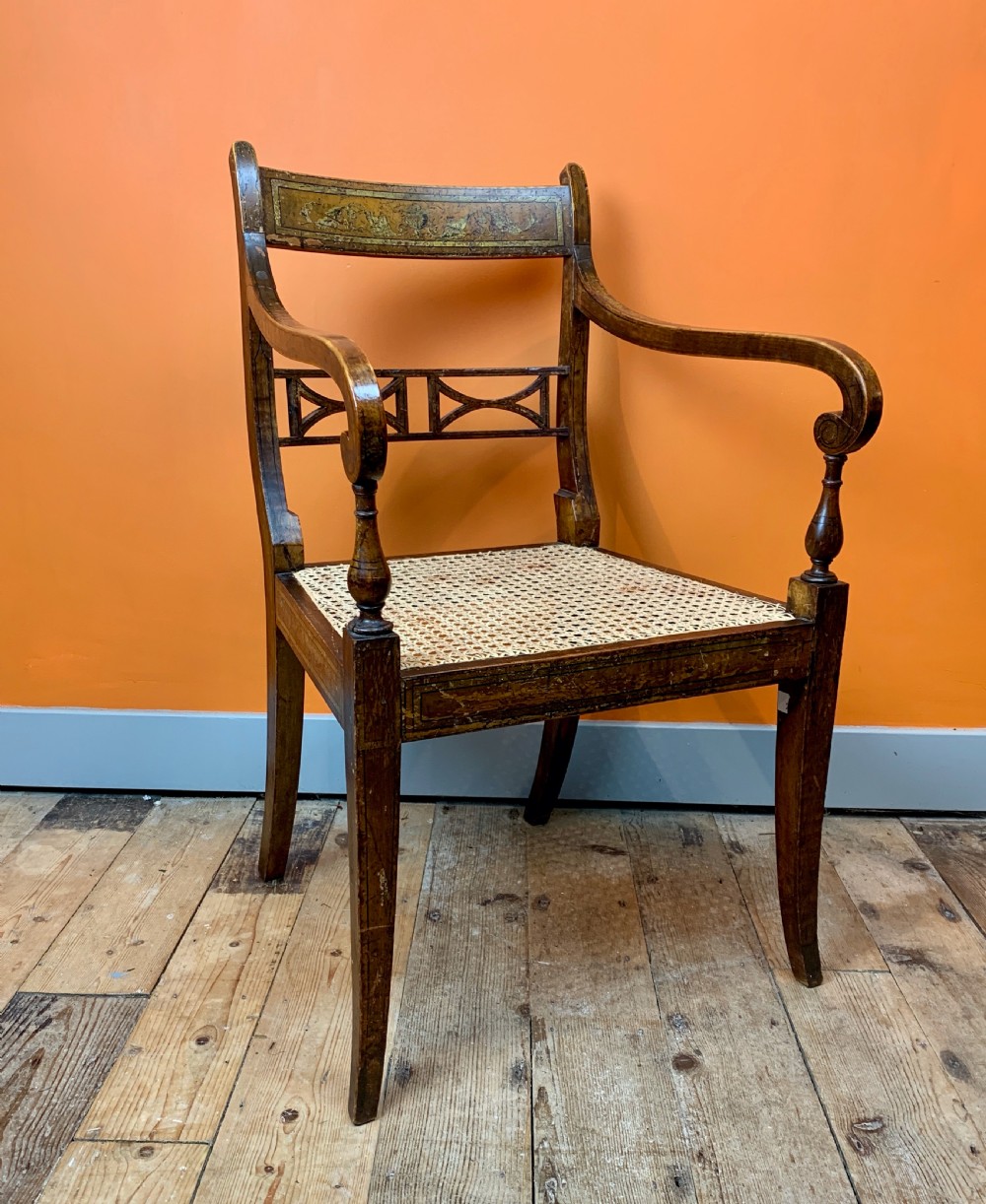 Regency beech open armchair with original painted decoration