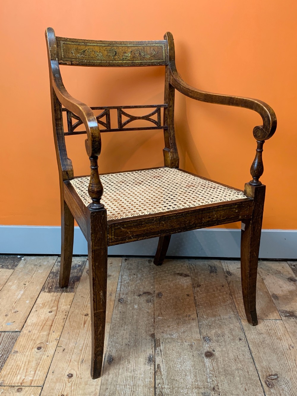 Regency beech open armchair with original painted decoration View II