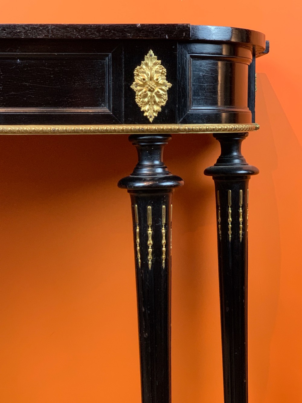 Antique French ebonised & gilt metal mounted console table View III