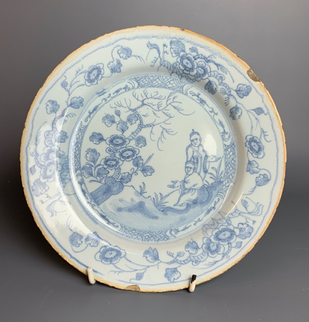 18th century English Delft Chinoiserie pattern blue & white plate