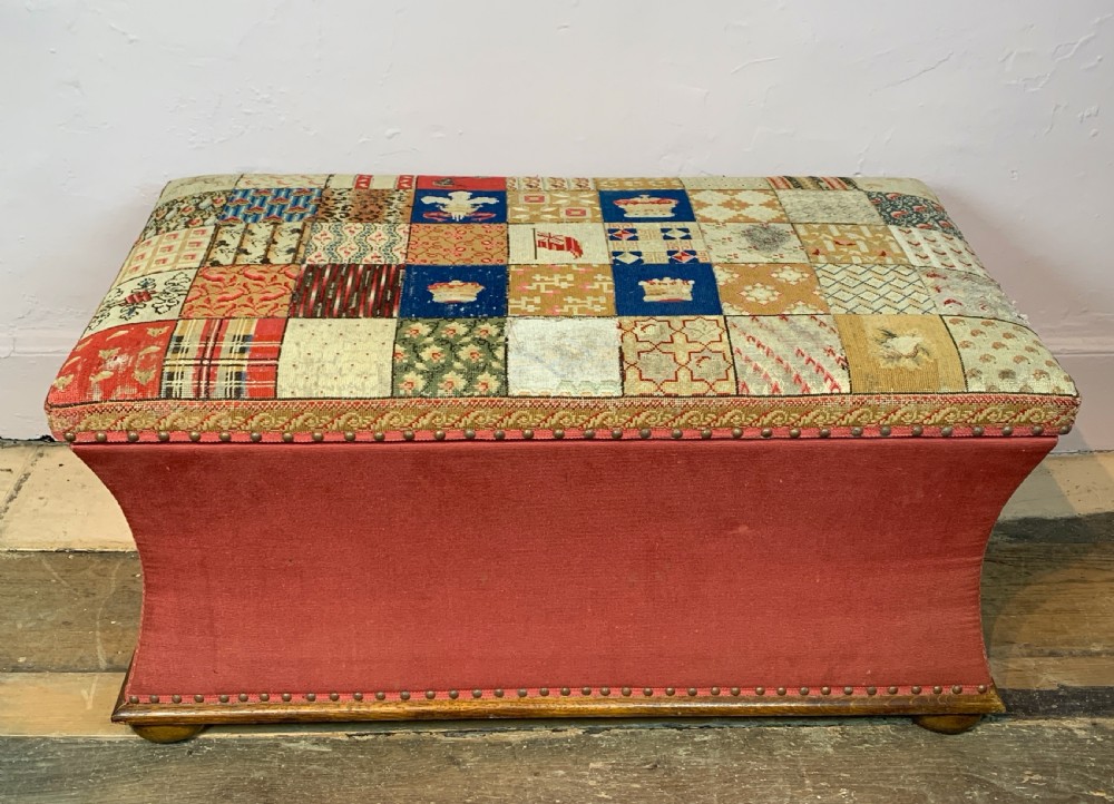 Victorian patchwork tapestry upholstered box ottoman Stool  View V