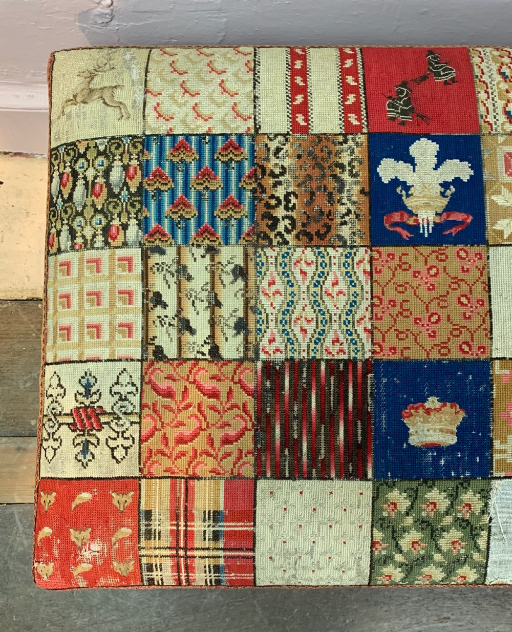 Victorian patchwork tapestry upholstered box ottoman Stool  View VII