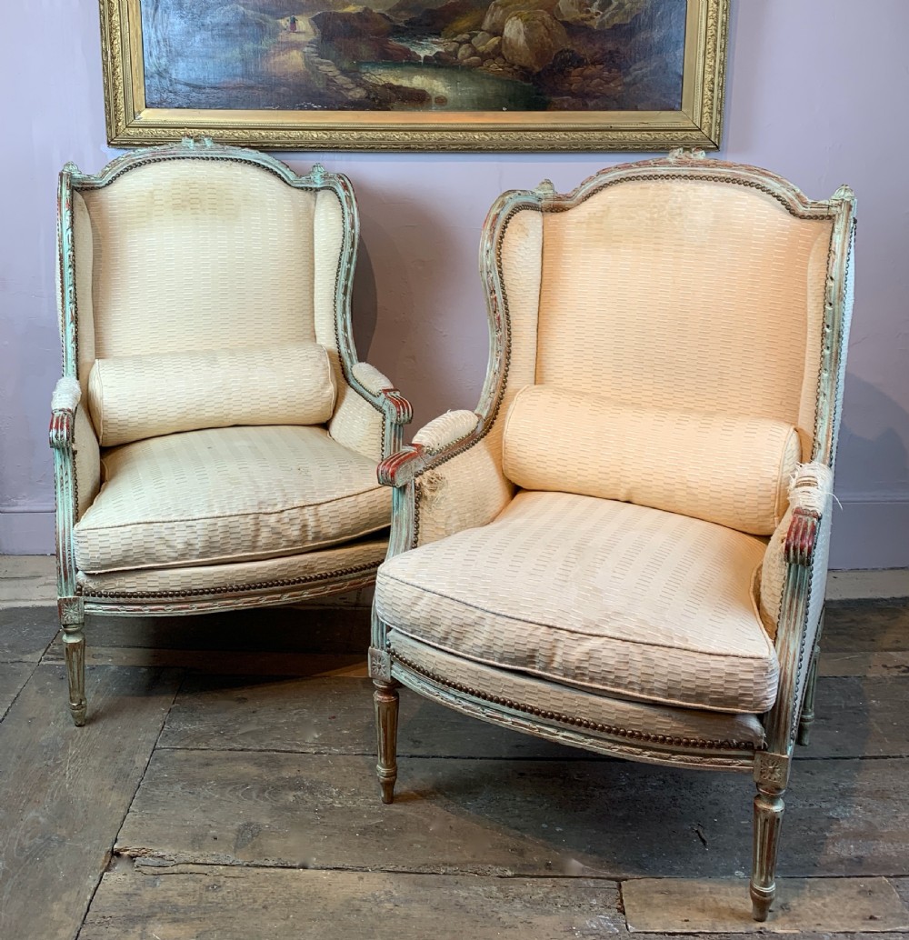 Pair of Antique French painted wing armchairs in Louis XVI style View III
