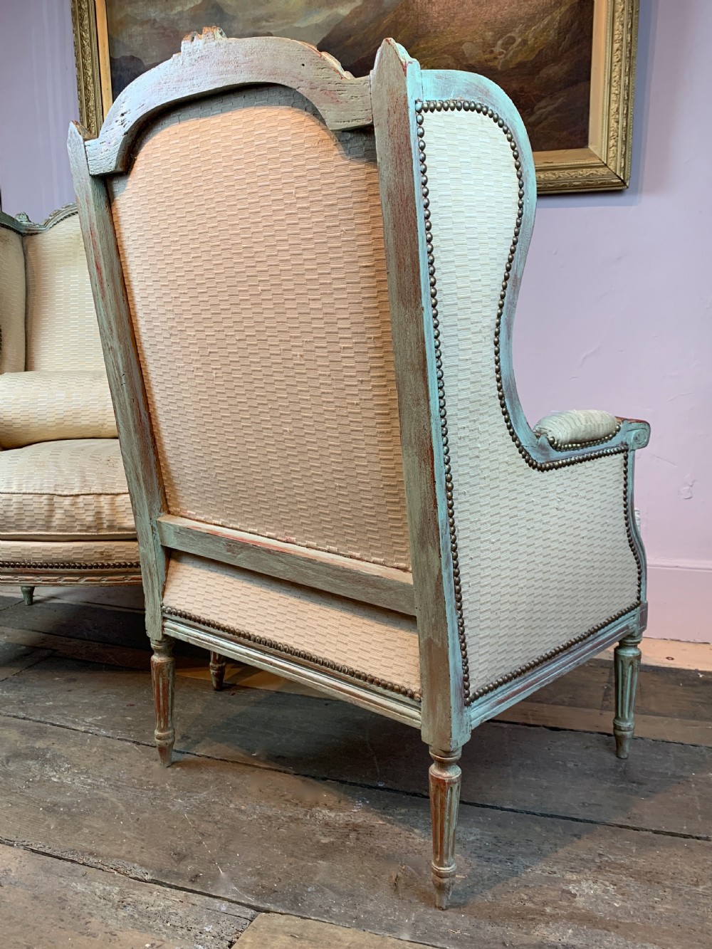 Pair of Antique French painted wing armchairs in Louis XVI style View V