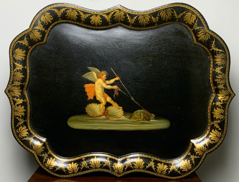 Regency Papier Mache tray painted with Cupid on a chariot pulled by turtles