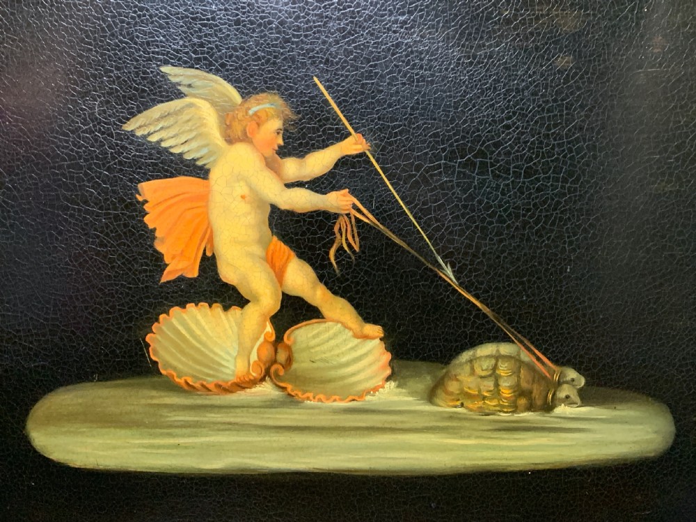 Regency Papier Mache tray painted with Cupid on a chariot pulled by turtles View IV