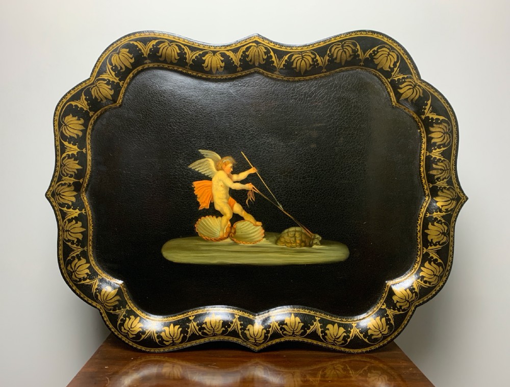 Regency Papier Mache tray painted with Cupid on a chariot pulled by turtles View V