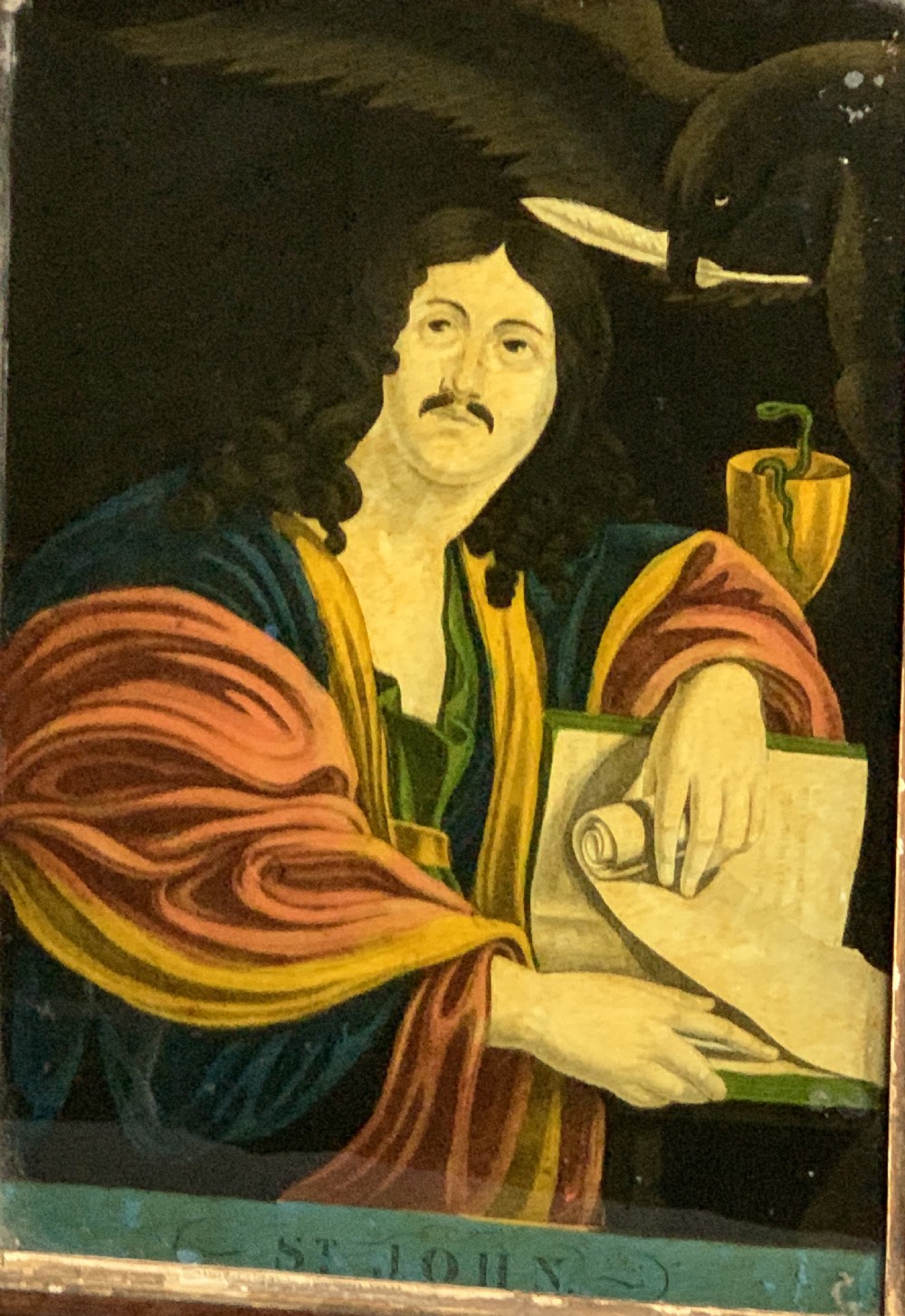 Georgian reverse glass painted mezzotint depicting St John View II