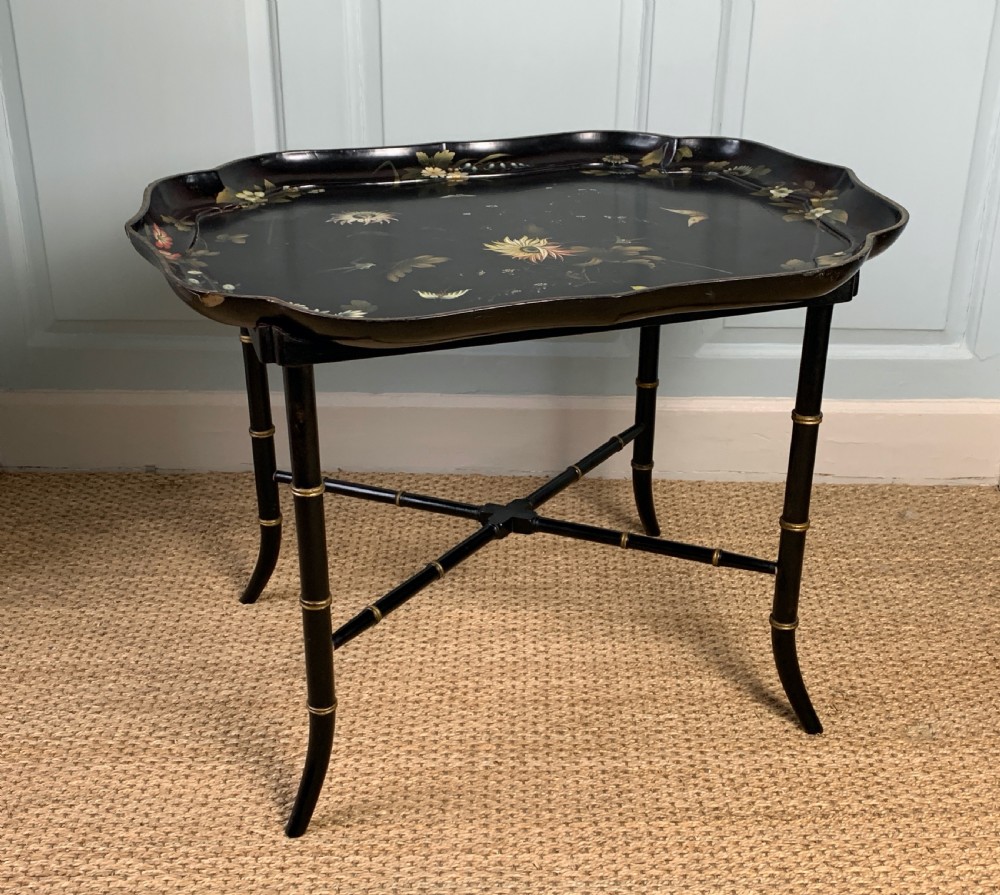 Victorian Jennens & Bettridge papier mache tray upon later faux bamboo stand View II