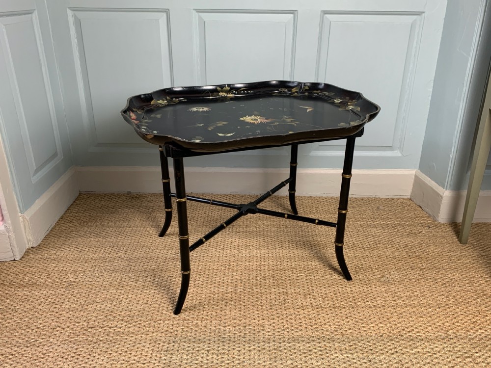 Victorian Jennens & Bettridge papier mache tray upon later faux bamboo stand View III