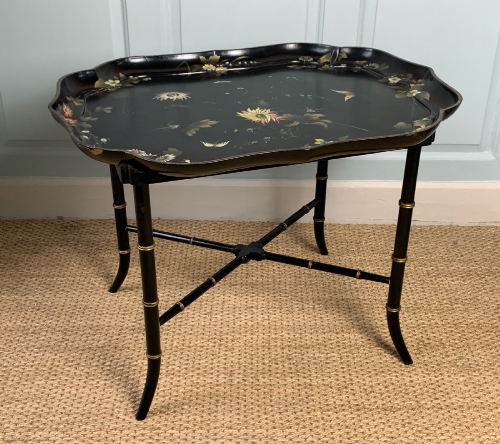 Victorian Jennens & Bettridge papier mache tray upon later faux bamboo stand View V
