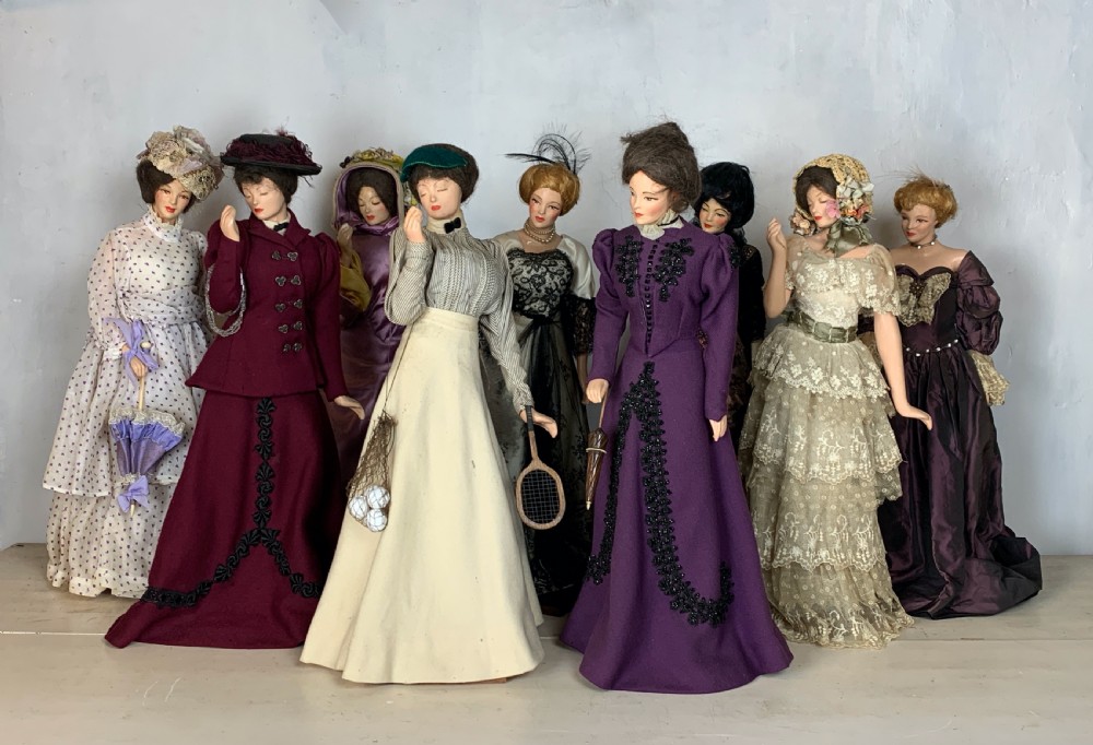 Collection of nine large French fashion dolls in Edwardian costume View II