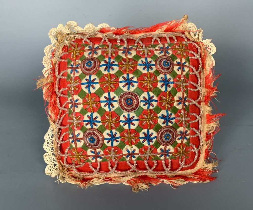 Victorian felt and glass beadwork sweetheart pin cushion
