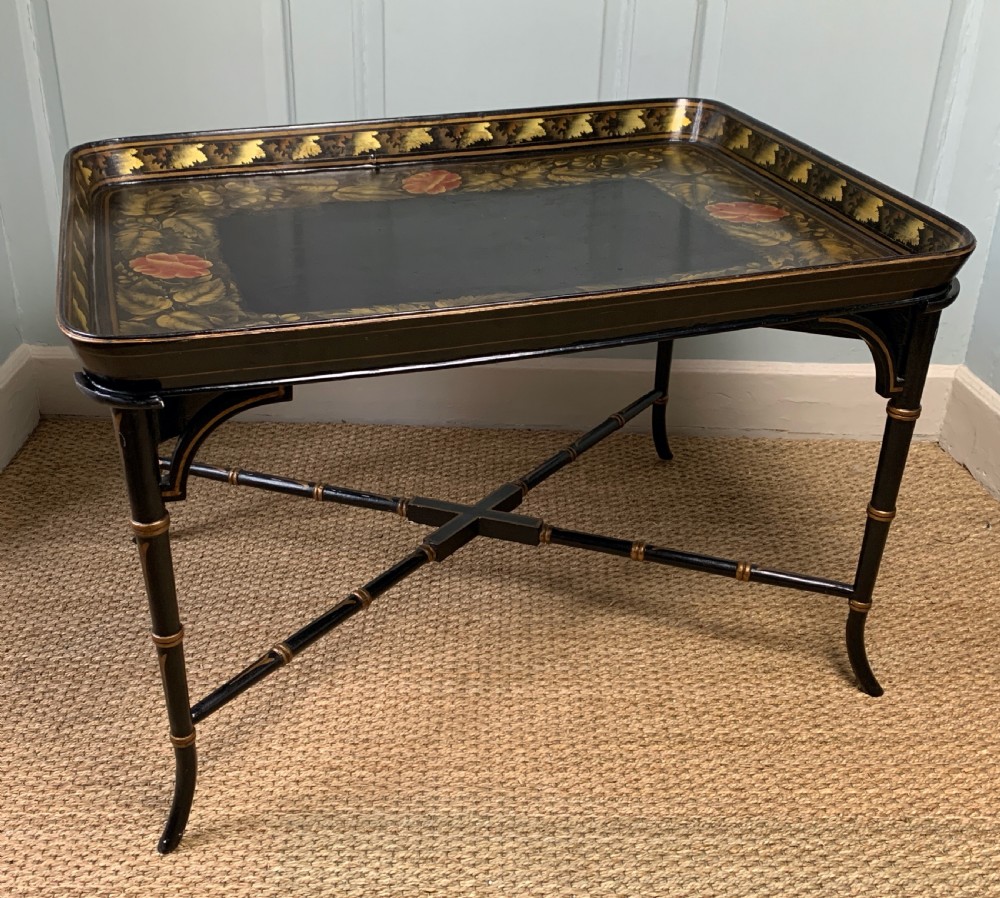 Large Regency papier mache tray upon later faux bamboo stand View II