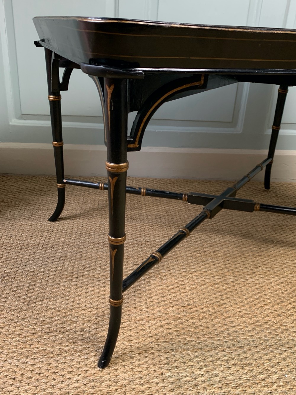 Large Regency papier mache tray upon later faux bamboo stand View IV