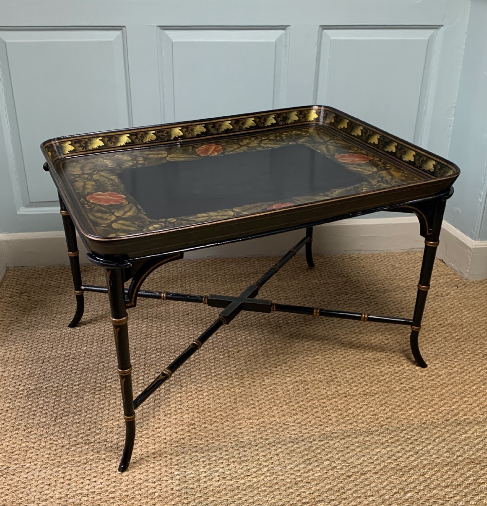 Large Regency papier mache tray upon later faux bamboo stand View V