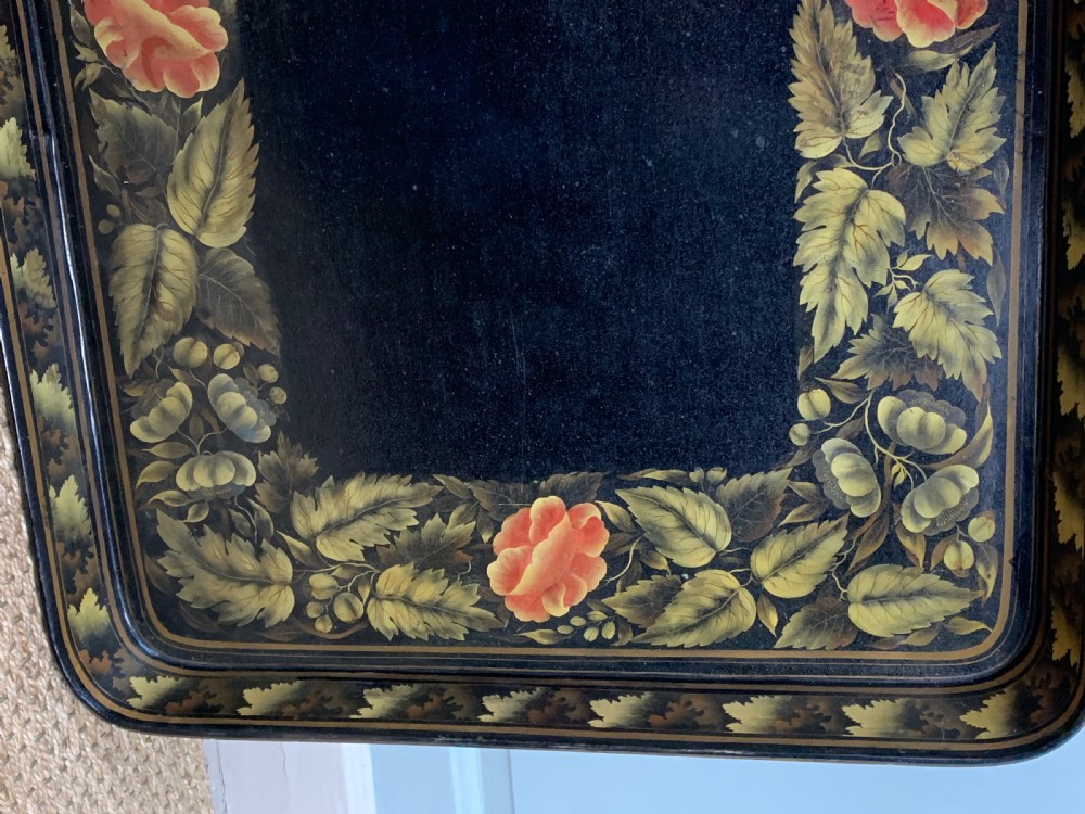 Large Regency papier mache tray upon later faux bamboo stand View VII