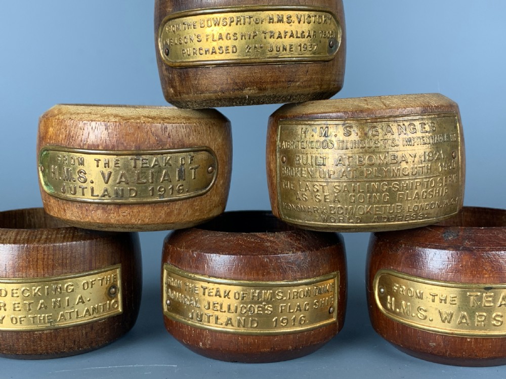 Six teak napkin rings of Naval interest - Nelson's HM Victory View III