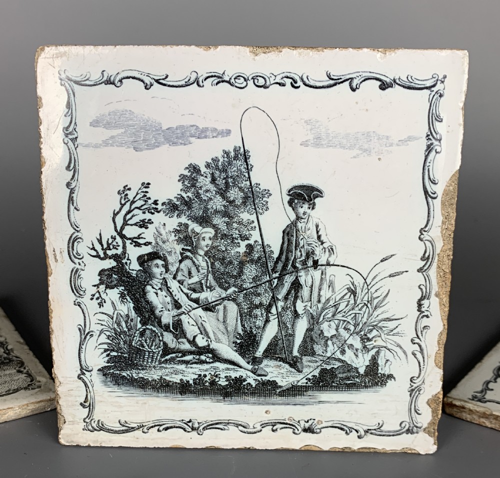 Six Liverpool Delft Sadler & Green tin glazed tiles Aesop's Fables circa 1765 View II