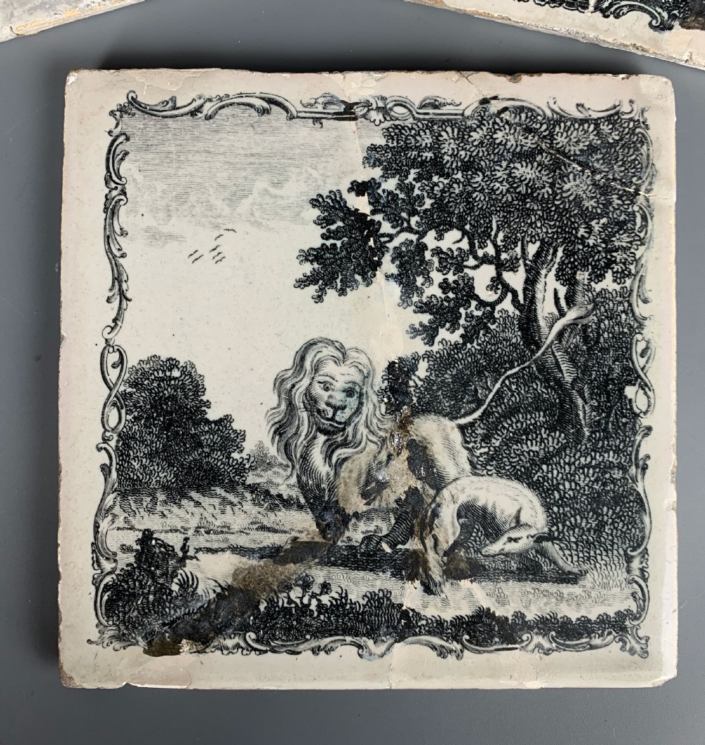 Six Liverpool Delft Sadler & Green tin glazed tiles Aesop's Fables circa 1765 View III