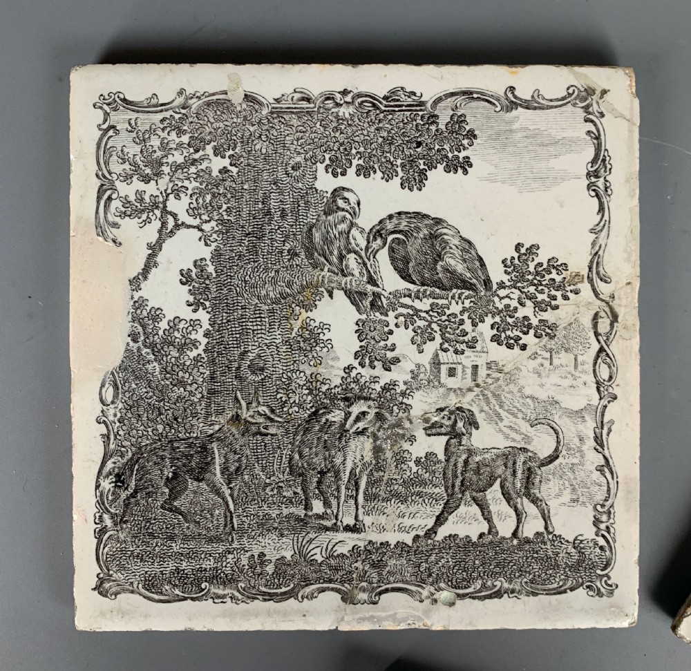 Six Liverpool Delft Sadler & Green tin glazed tiles Aesop's Fables circa 1765 View IV