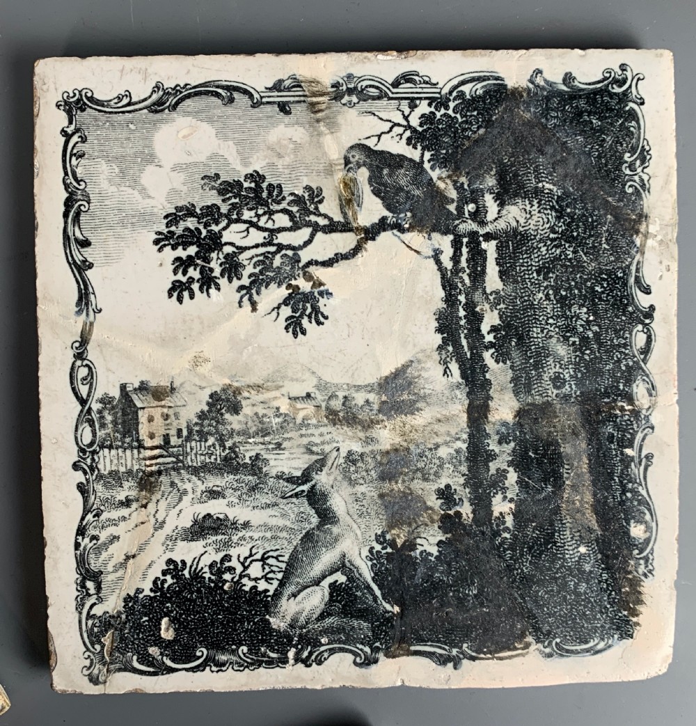 Six Liverpool Delft Sadler & Green tin glazed tiles Aesop's Fables circa 1765 View V