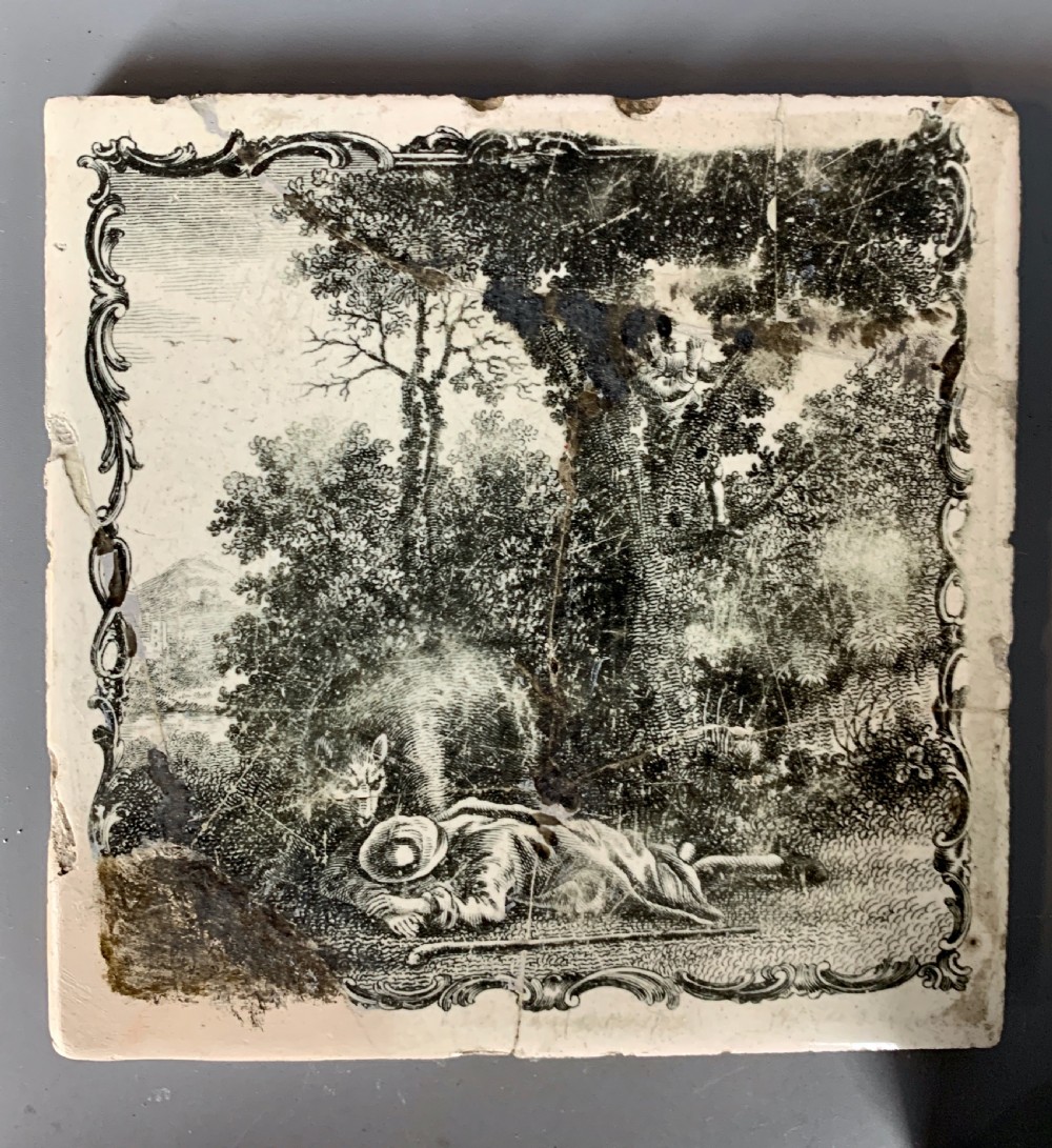 Six Liverpool Delft Sadler & Green tin glazed tiles Aesop's Fables circa 1765 View VII