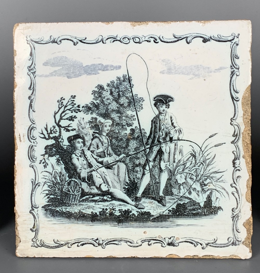 Six Liverpool Delft Sadler & Green tin glazed tiles Aesop's Fables circa 1765 View VIII