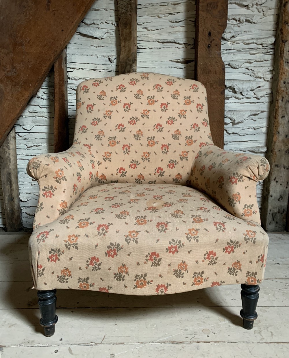 Antique French Napoleon III armchair with scroll arms View III