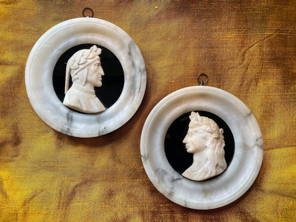 Pair of Italian Carved Alabaster Portrait Medallion Roundels of Dante & Beatrice