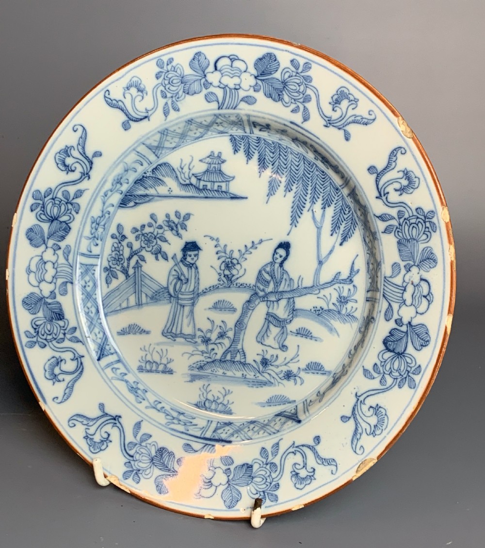 Pair of 18th century Delft blue & white plates with chinoiserie design View II