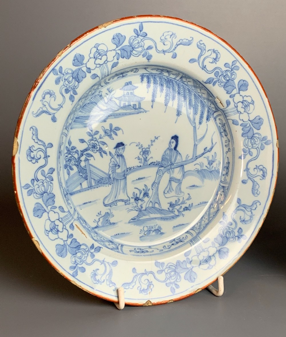 Pair of 18th century Delft blue & white plates with chinoiserie design View III