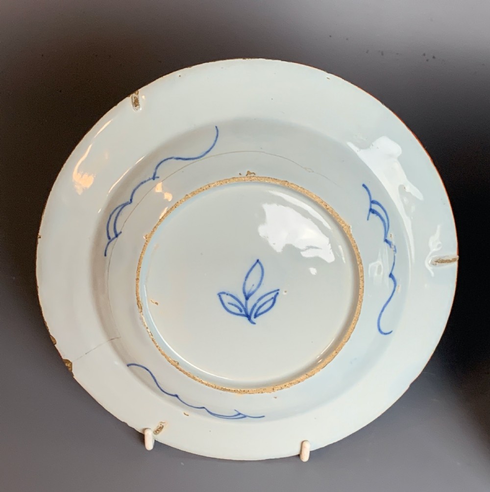 Pair of 18th century Delft blue & white plates with chinoiserie design View IV