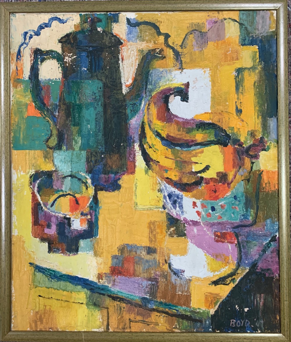 Margaret Boyd Gillison, Cubist still lie of a coffee pot and fruit, oil on canvas dated 47