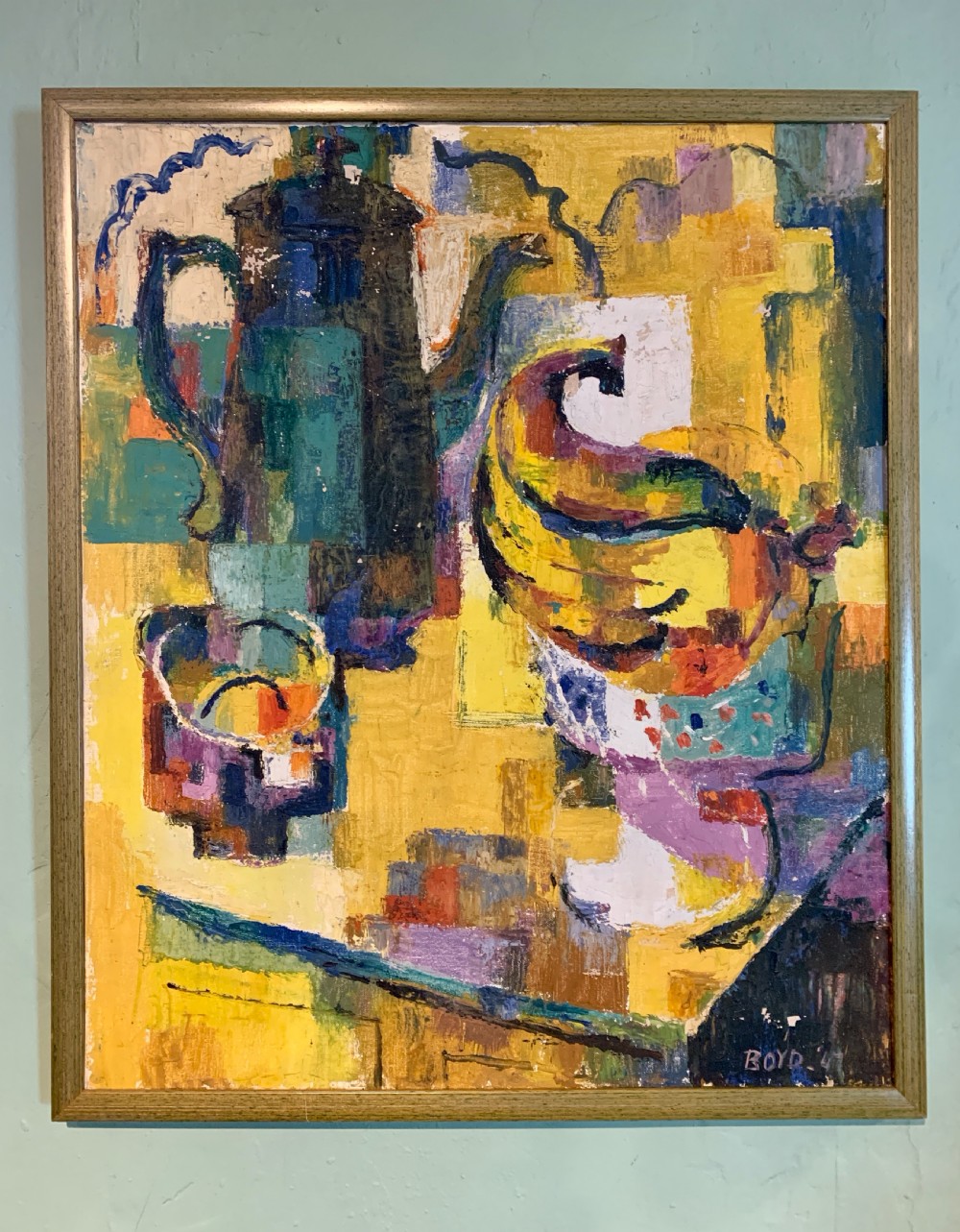 Margaret Boyd Gillison, Cubist still lie of a coffee pot and fruit, oil on canvas dated 47 View II
