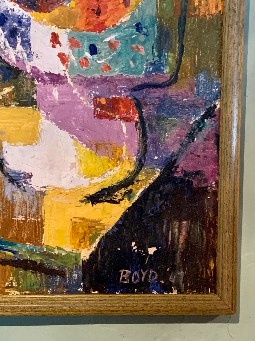 Margaret Boyd Gillison, Cubist still lie of a coffee pot and fruit, oil on canvas dated 47 View III