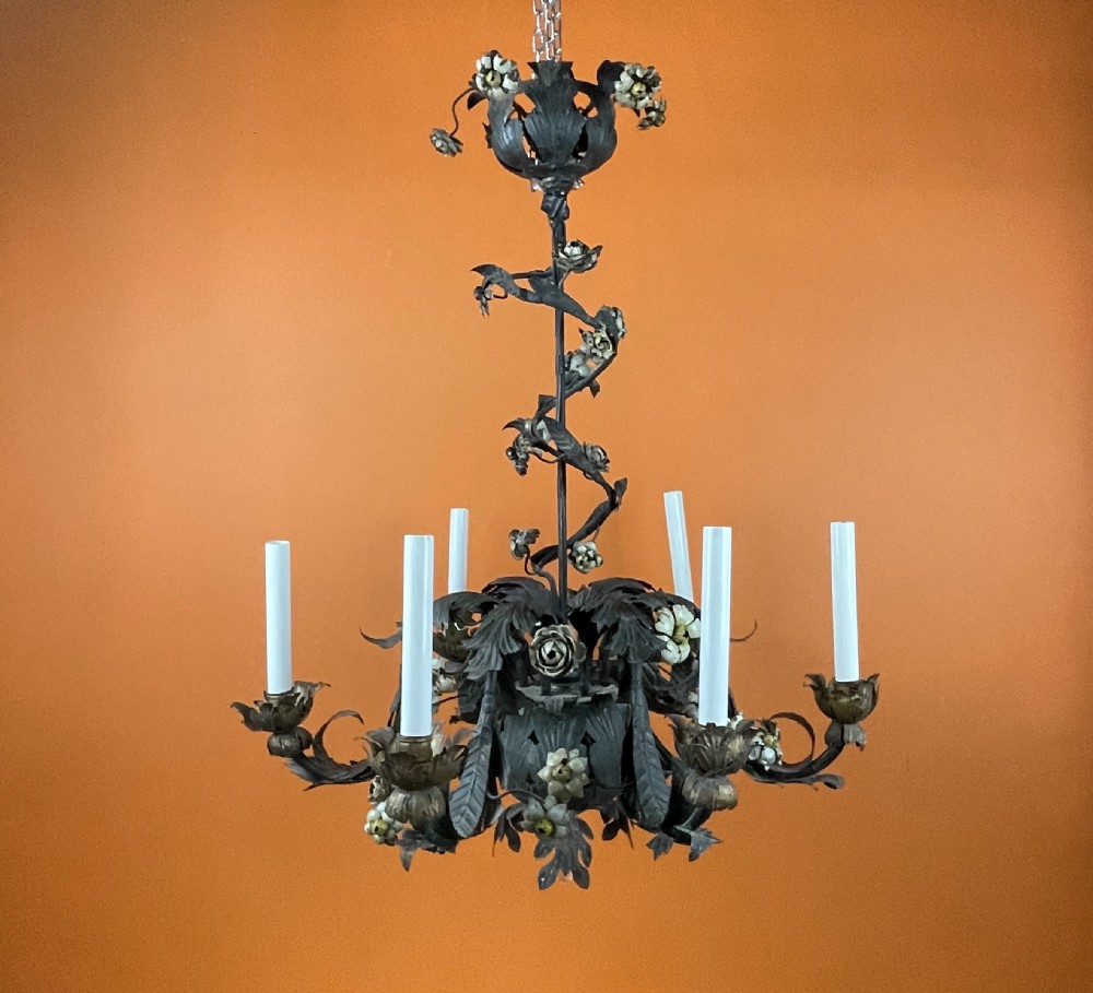 Antique Italian floral toleware chandelier View III