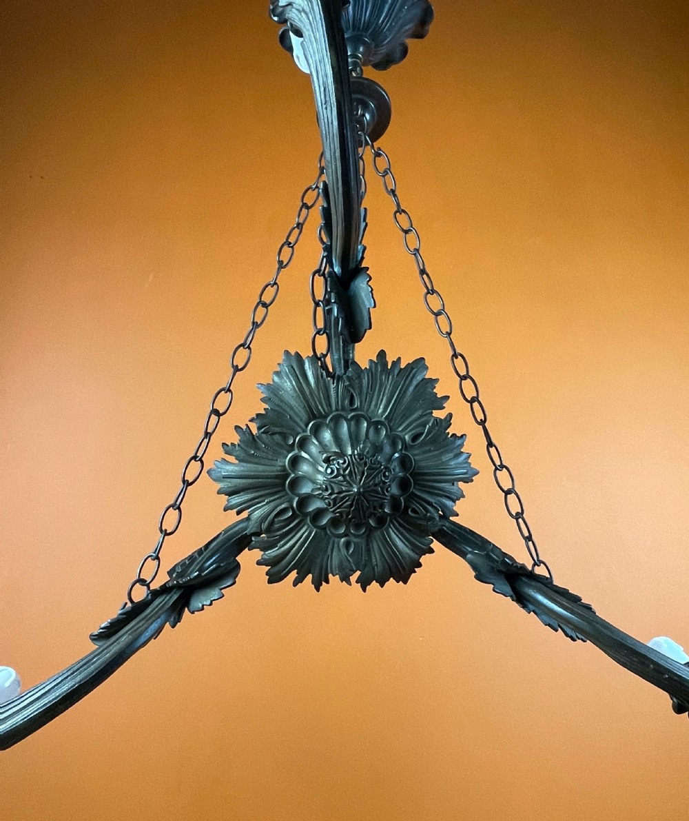 Antique bronze converted gasolier chandelier View IX