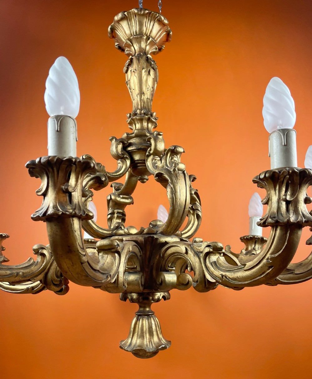 Large Vintage Italian carved giltwood eight branch chandelier View II