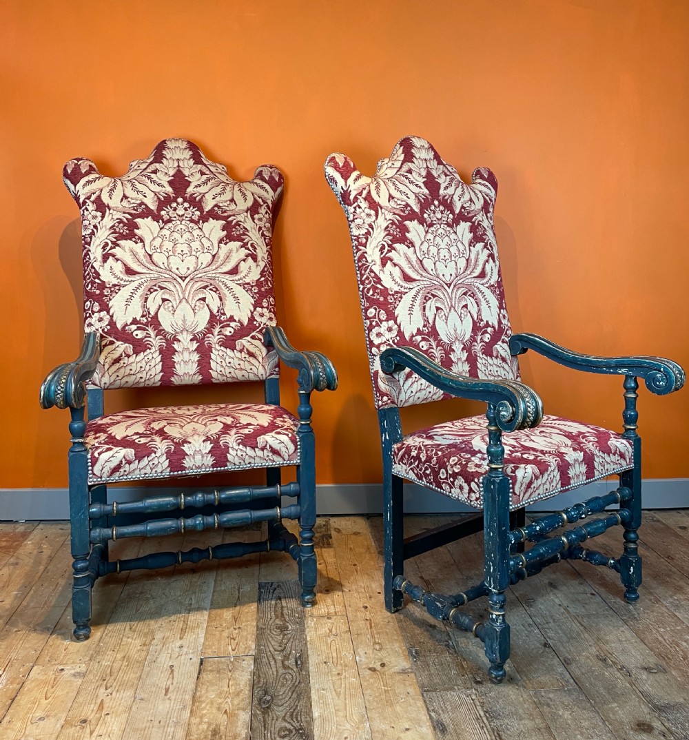 Large pair of Antique Continental armchairs in 17th century style