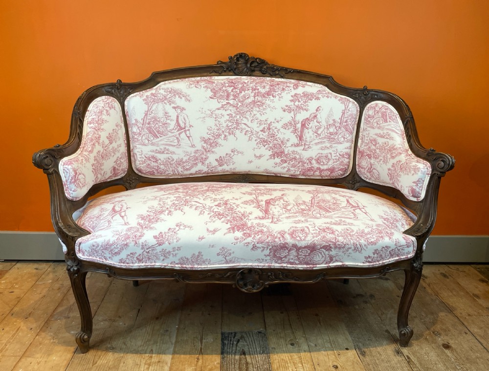 French Louis XV revival walnut sofa, newly upholstered in vintage toile de jouy View II