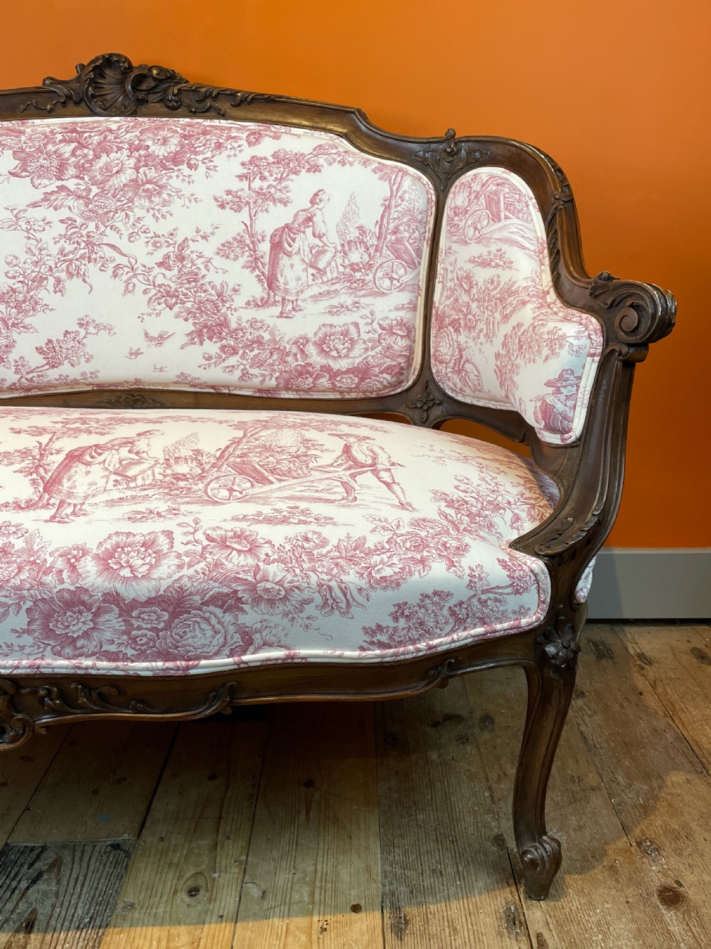 French Louis XV revival walnut sofa, newly upholstered in vintage toile de jouy View III