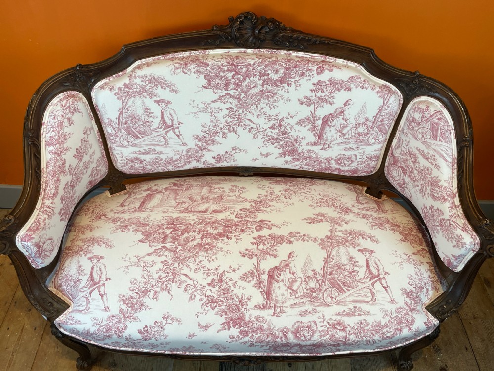 French Louis XV revival walnut sofa, newly upholstered in vintage toile de jouy View IV