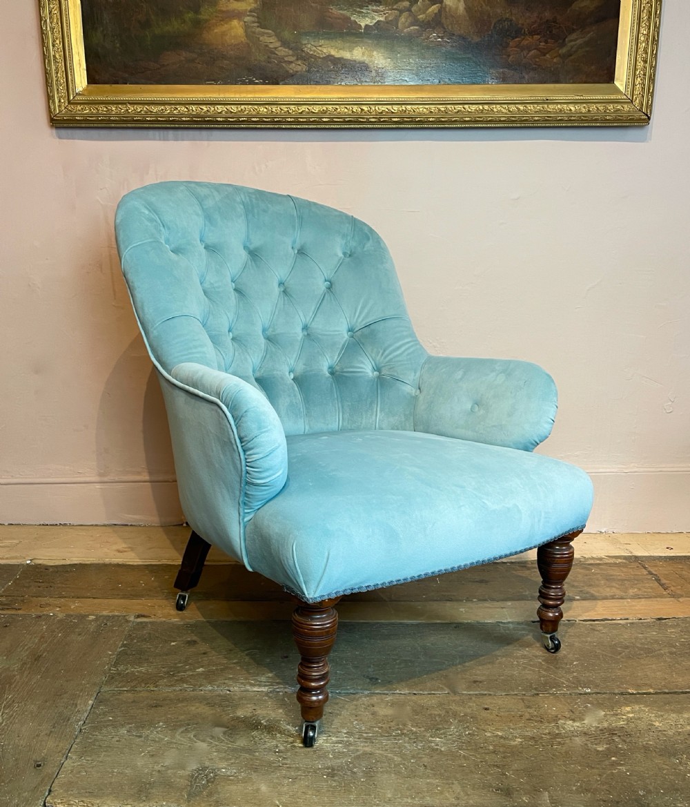 Victorian button back armchair newly upholstered in turquoise blue velvet