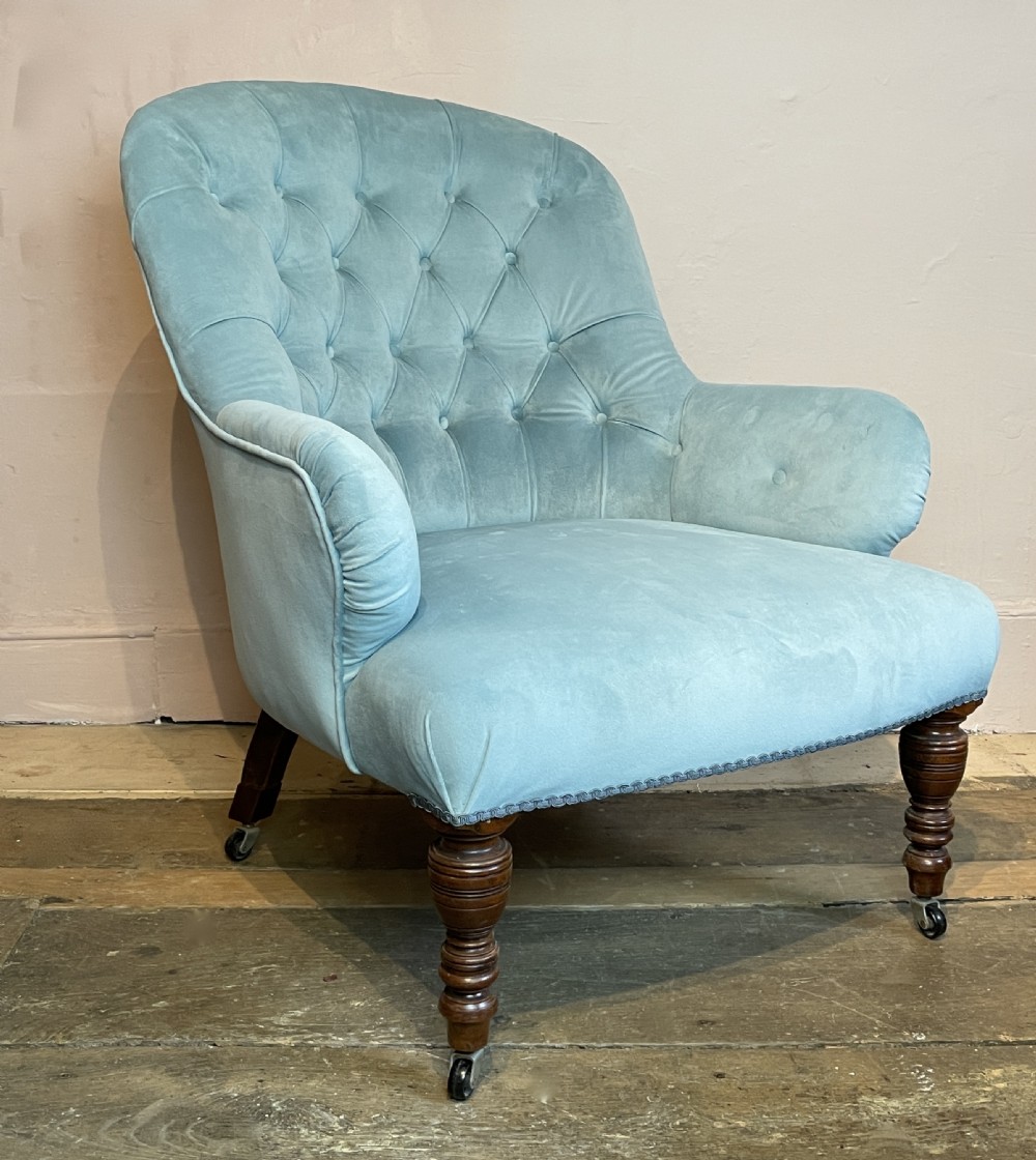 Victorian button back armchair newly upholstered in turquoise blue velvet View II
