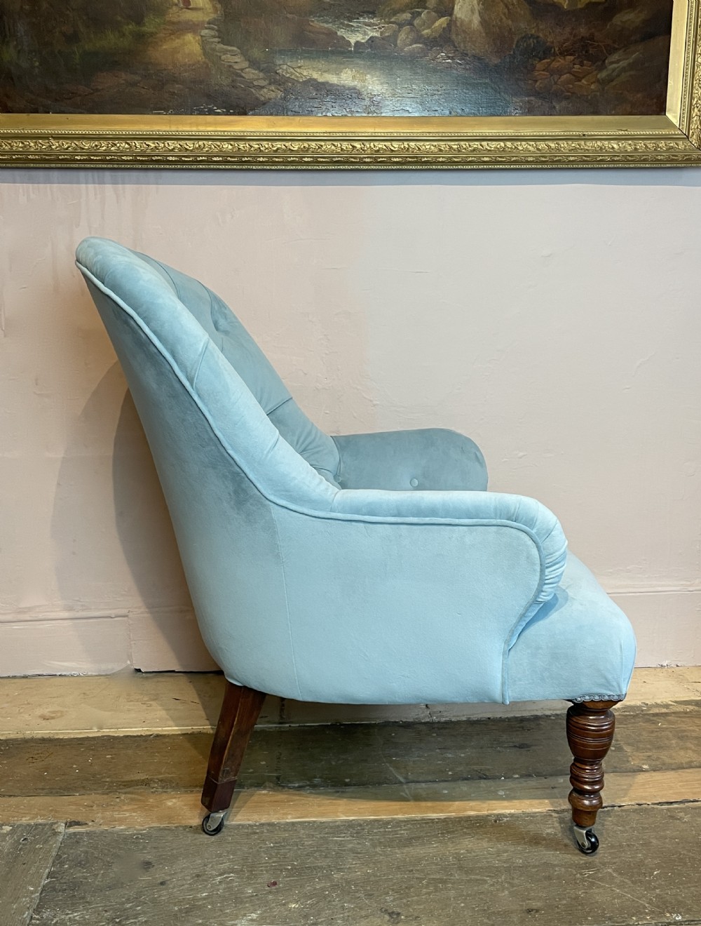 Victorian button back armchair newly upholstered in turquoise blue velvet View IV