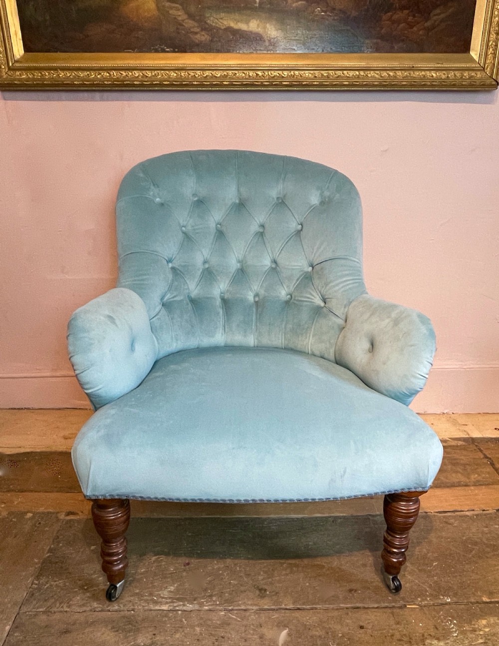 Victorian button back armchair newly upholstered in turquoise blue velvet View V