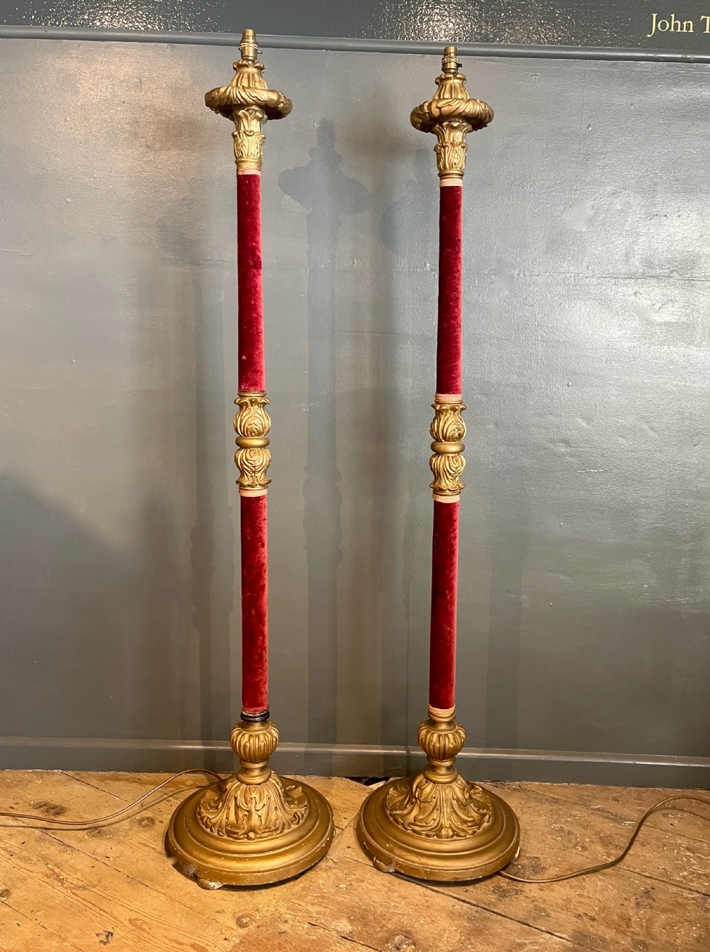 Pair of Vintage giltwood and red velvet floor lamps
