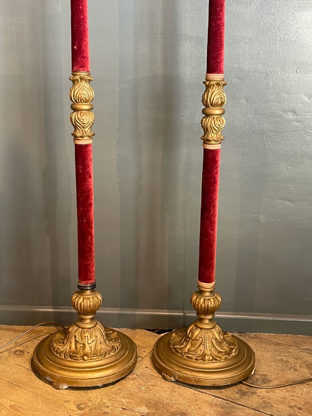 Pair of Vintage giltwood and red velvet floor lamps View II