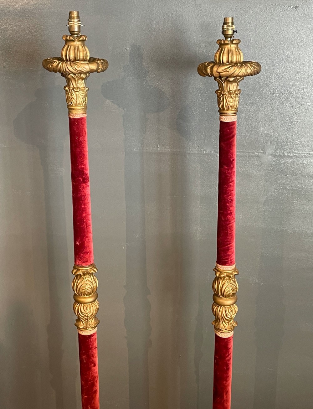 Pair of Vintage giltwood and red velvet floor lamps View III